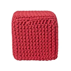 Homescapes Red Cube Cotton Knitted Pouffe Footstool