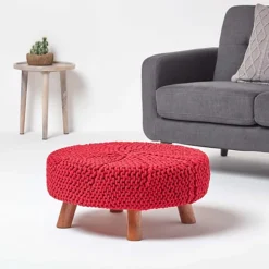 Homescapes Red Round Cotton Knitted Footstool On Legs -DIY homescapes red round cotton knitted footstool on legs5055967445390 02c MP
