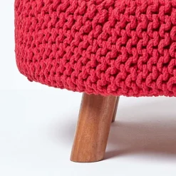Homescapes Red Round Cotton Knitted Footstool On Legs -DIY homescapes red round cotton knitted footstool on legs5055967445390 04c MP