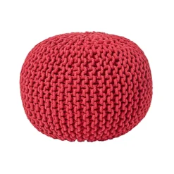 Homescapes Red Round Cotton Knitted Pouffe Footstool
