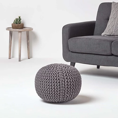Homescapes Sea Grey Round Cotton Knitted Pouffe Footstool 4 Homescapes Sea Grey Round Cotton Knitted Pouffe Footstool - Image 2