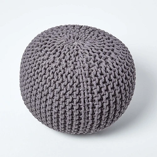 Homescapes Sea Grey Round Cotton Knitted Pouffe Footstool 5 Homescapes Sea Grey Round Cotton Knitted Pouffe Footstool - Image 3