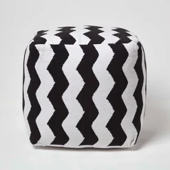 Homescapes Square Black And White Chevron Style Bean Footstool