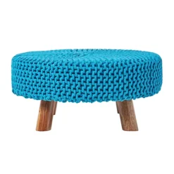 Homescapes Teal Blue Large Round Cotton Knitted Footstool On Legs