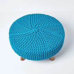 Homescapes Teal Blue Large Round Cotton Knitted Footstool On Legs -DIY homescapes teal blue large round cotton knitted footstool on legs5055967493636 03c MP