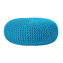 Homescapes Teal Blue Large Round Cotton Knitted Pouffe Footstool