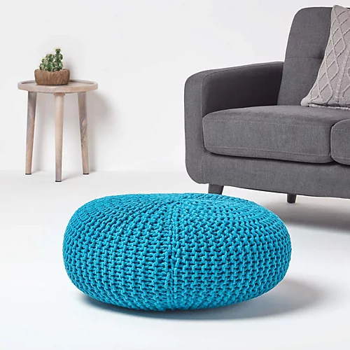 Homescapes Teal Blue Large Round Cotton Knitted Pouffe Footstool 4 Homescapes Teal Blue Large Round Cotton Knitted Pouffe Footstool - Image 2
