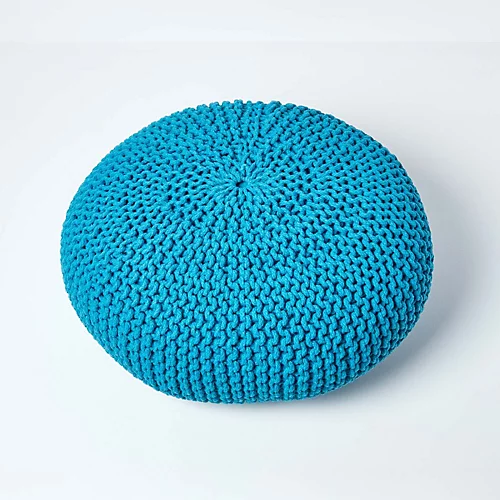 Homescapes Teal Blue Large Round Cotton Knitted Pouffe Footstool 5 Homescapes Teal Blue Large Round Cotton Knitted Pouffe Footstool - Image 3