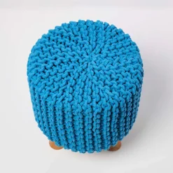 Homescapes Teal Blue Tall Cotton Knitted Footstool On Legs -DIY homescapes teal blue tall cotton knitted footstool on legs5055967493629 03c MP