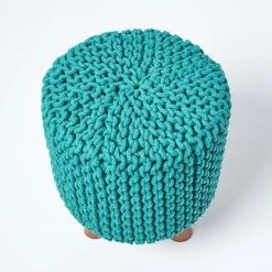 Homescapes Teal Green Tall Cotton Knitted Footstool On Legs -DIY homescapes teal green tall cotton knitted footstool on legs5055967491458 03c MP