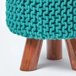 Homescapes Teal Green Tall Cotton Knitted Footstool On Legs -DIY homescapes teal green tall cotton knitted footstool on legs5055967491458 04c MP