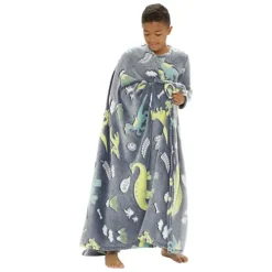 KAV Glow In The Dark Fleece Blankets Super Soft Warm Toddlers Fluffy Blanket For Boys, Girls And Kids (Grey-Dinosaur Print)