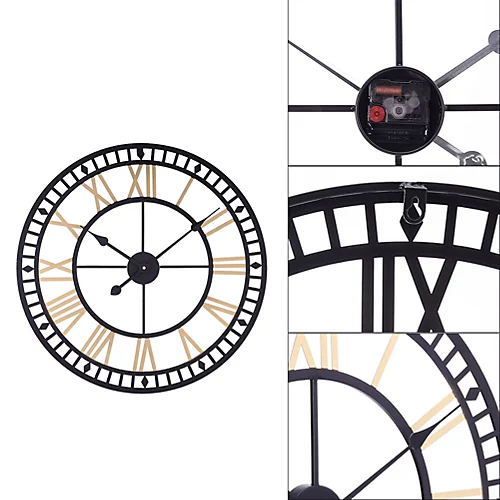 Livingandhome Industrial Round Large Decorative Roman Numeral Skeleton Metal Wall Clock 60cm 5 Livingandhome Industrial Round Large Decorative Roman Numeral Skeleton Metal Wall Clock 60cm - Image 3