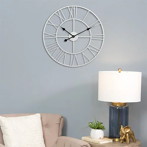 Livingandhome White Vintage Round Roman Numeral Metal Skeleton Wall Clock 40 Cm 4 Livingandhome White Vintage Round Roman Numeral Metal Skeleton Wall Clock 40 Cm - Image 2