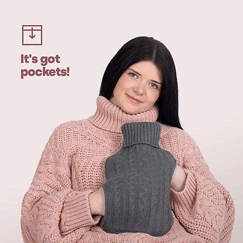 LIVIVO 2L Hot Water Bottle With A Removable Knitted Cover - With Built In Pockets, Natural Rubber & Faux Fur Warmer - Grey 4 LIVIVO 2L Hot Water Bottle With A Removable Knitted Cover - With Built In Pockets, Natural Rubber & Faux Fur Warmer - Grey - Image 2