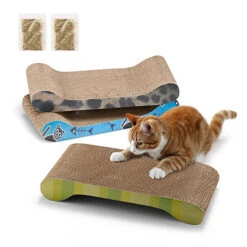 Milo & Misty Cat Scratching Boards, Cardboard Cat Scratcher Pack Of 3 With Catnip, Cat Scratchers, Durable Cat Lounger, 48x22x7cm