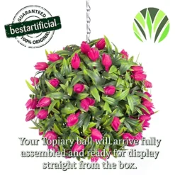 Pair Of Best Artificial 24cm Pink Lush Tulip Hanging Basket Flower Topiary Ball - Weather & Fade Resistant -DIY pair of best artificial 24cm pink lush tulip hanging basket flower topiary ball weather fade resistant5060637302545 04c MP
