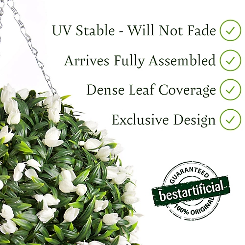 Pair Of Best Artificial 28cm Ivory White Tulip Hanging Basket Flower Topiary Ball - Weather & Fade Resistant 4 Pair Of Best Artificial 28cm Ivory White Tulip Hanging Basket Flower Topiary Ball - Weather & Fade Resistant - Image 2