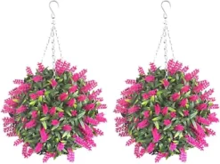 Pair Of Best Artificial 28cm Pink Lush Lavender Hanging Basket Flower Topiary Ball - Weather & Fade Resistant