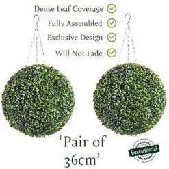 Pair Of Best Artificial 35cm Green Boxwood Buxus Grass Hanging Basket Topiary Ball - Suitable For Outdoor Use