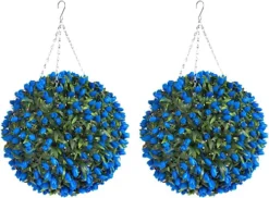 Pair Of Best Artificial 38cm Blue Lush Tulip Hanging Basket Flower Topiary Ball - Weather & Fade Resistant