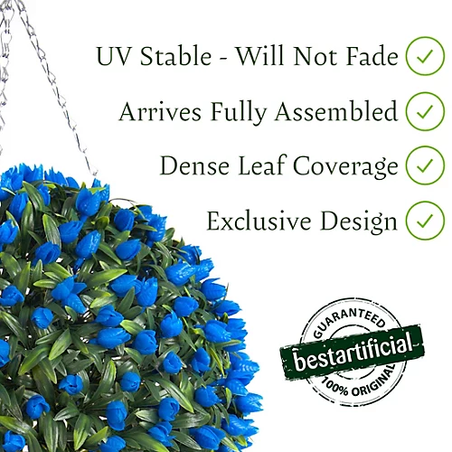 Pair Of Best Artificial 38cm Blue Lush Tulip Hanging Basket Flower Topiary Ball - Weather & Fade Resistant 4 Pair Of Best Artificial 38cm Blue Lush Tulip Hanging Basket Flower Topiary Ball - Weather & Fade Resistant - Image 2