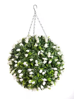 Pair Of Best Artificial 38cm White Lush Tulip Hanging Basket Flower Topiary Ball - Weather & Fade Resistant