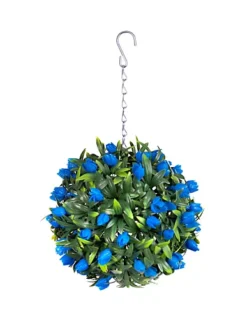 Pair Of Best Artificial Outdoor 24cm Blue Tulip Hanging Basket Flower Topiary Ball - Weather & Fade Resistant