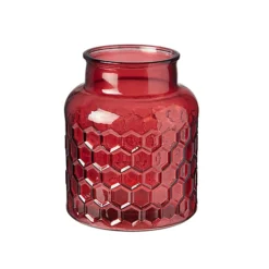 Red Glass Vase, Honeycomb Textured Design. Wide Base, Ideal For Floral Arrangements Or Decorative Use. Height 20 Cm, Width 17 Cm.
