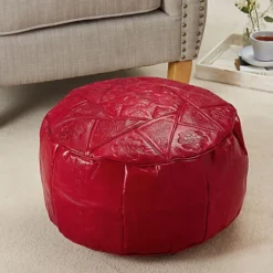 Red Tunisian Leather Round Pouffe Footrest - Hand Crafted Artisan Leather Beanbag Footstool Seat - Measures H25.5 X W47cm