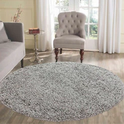 Serdim Rugs Plain Living Room Shaggy Area Rugs Grey Round 120x120 Cm