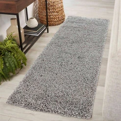 Serdim Rugs Plain Living Room Shaggy Area Rugs Grey Runner 60x220 Cm