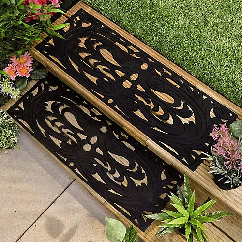 Set Of 2 Decorative Rubber Step Mats - 75 X 25cm Wrought Iron Effect Indoor Or Outdoor Weather Resistant Non Slip Mats 3 Set Of 2 Decorative Rubber Step Mats - 75 X 25cm Wrought Iron Effect Indoor Or Outdoor Weather Resistant Non Slip Mats