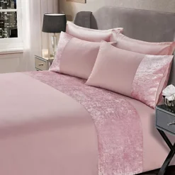 Sienna Crushed Velvet Panel Duvet Cover With Pillow Case Set - Blush, King