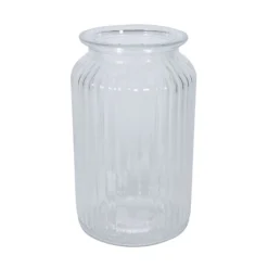 Tall Clear Ribbed Glass Jar Vase, Ideal For Small Bouquets. Height 18.5 Cm